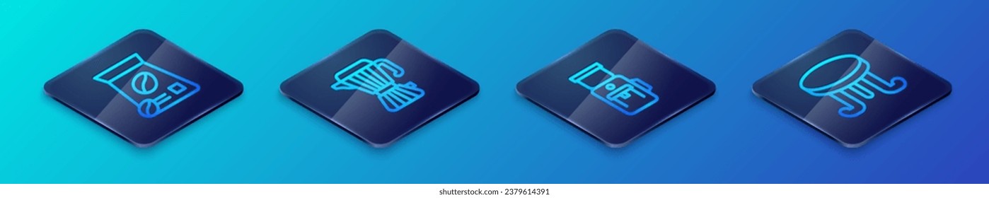 Fijar línea isométrica Molino de café eléctrico, granos de bolsitas, mesa de café y creador de moca icono de olla. Vector
