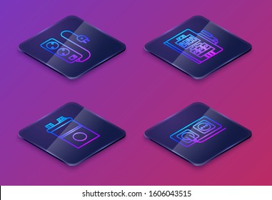 Set Isometric line Electric extension cord, Car battery, Electrical panel and Electrical outlet. Blue square button. Vector
