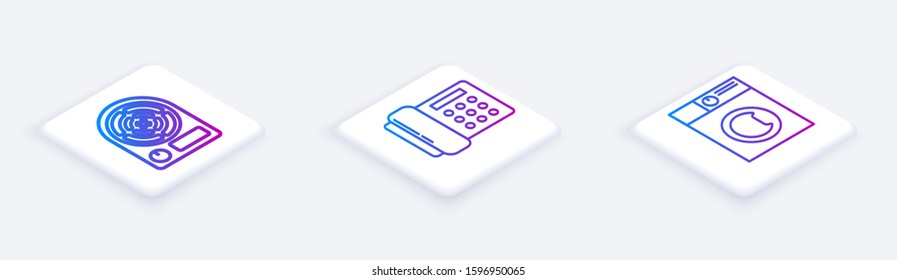 Set Isometric line Electric heater , Telephone  and Washer . White square button. Vector