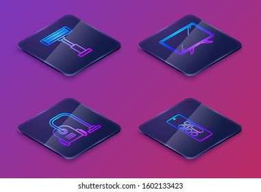 Set Isometric line Electric heater , Vacuum cleaner , Smart Tv  and Remote control . Blue square button. Vector