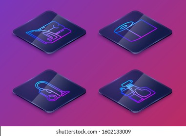 Set Isometric line Electric iron and towel , Vacuum cleaner , Toilet paper roll  and Plastic bottles for liquid dishwashing liquid. Blue square button. Vector