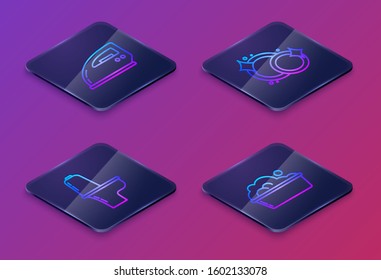 Set Isometric line Electric iron , Toilet bowl , Washing dishes  and Plastic basin with soap suds . Blue square button. Vector