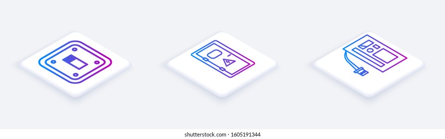 Set Isometric line Electric light switch, Electrical cabinet and Battery. White square button. Vector