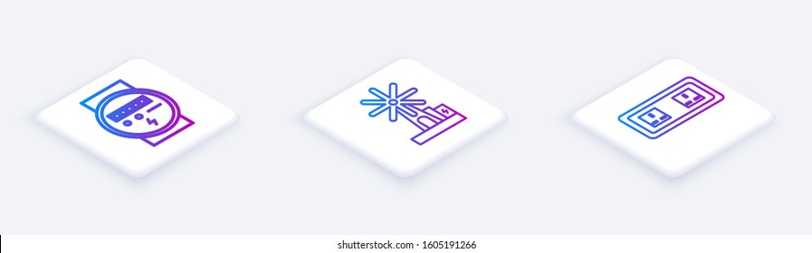 Set Isometric line Electric meter, Wind turbine and Electrical outlet. White square button. Vector