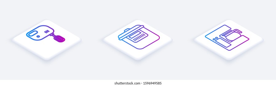 Set Isometric line Electric mixer , Slow cooker  and Coffee machine with glass pot . White square button. Vector