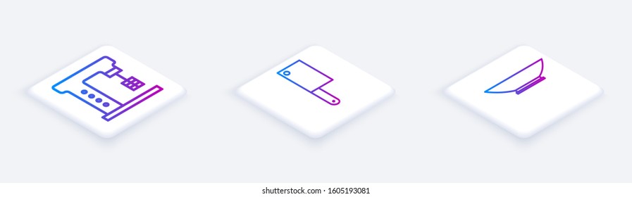 Set Isometric line Electric mixer, Meat chopper and Bowl. White square button. Vector