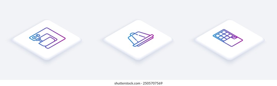Set Isometric line Electric mixer, Pudding custard and Chocolate bar. White square button. Vector
