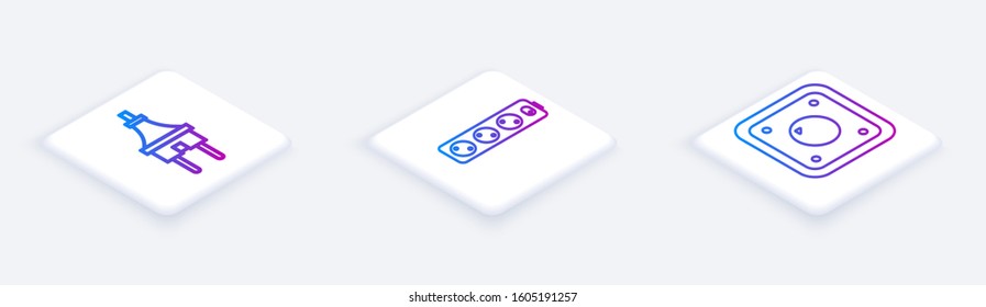 Set Isometric line Electric plug, Electric extension cord and Electric light switch. White square button. Vector