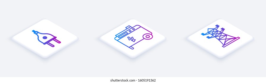 Set Isometric line Electric plug, Portable power electric generator and High voltage power pole line. White square button. Vector