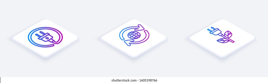Set Isometric line Electric plug, Planet earth and a recycling and Electric saving plug in leaf. White square button. Vector