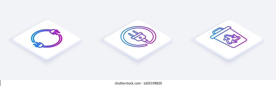 Set Isometric line Electric plug, Electric plug and Recycle bin with recycle symbol. White square button. Vector