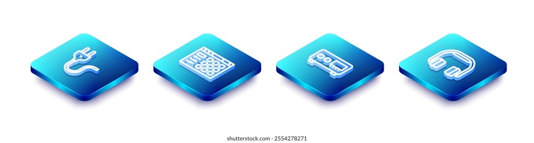 Set Isometric line Electric plug, Drum machine, Guitar amplifier and Headphones icon. Vector