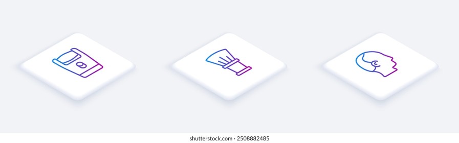 Set Isometric line Electric razor blade, Shaving brush and Baldness. White square button. Vector