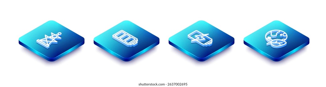 Set Isometric line Electric tower, Battery,  and Earth globe and leaf icon. Vector
