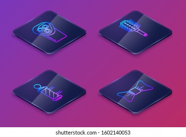 Set Isometric line Electrical hair clipper or shaver, Classic Barber shop pole, Hairbrush and Bow tie. Blue square button. Vector