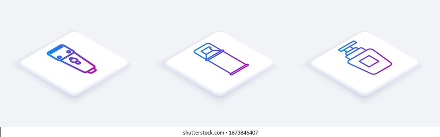 Set Isometric line Electrical hair clipper or shaver, Shaving gel foam and Bottle of shampoo. White square button. Vector