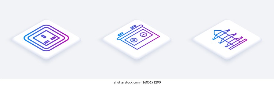 Set Isometric line Electrical outlet, Car battery and High voltage power pole line. White square button. Vector