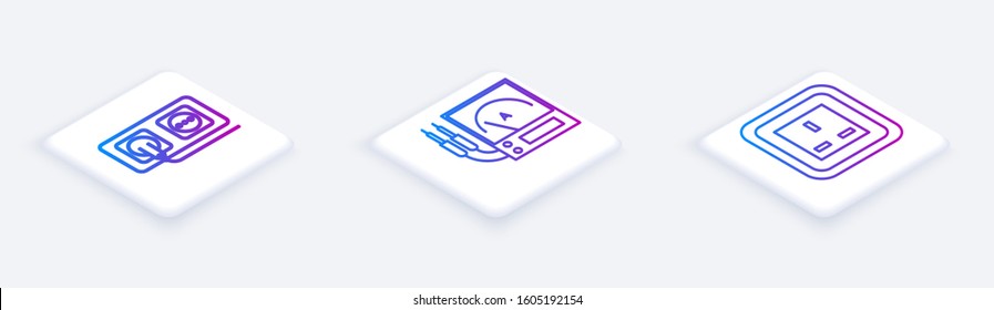 Set Isometric line Electrical outlet, Ampere meter, multimeter, voltmeter and Electrical outlet. White square button. Vector
