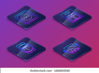 Set Isometric line Electrical outlet, Electric meter, Battery in pack and Ampere meter, multimeter, voltmeter. Blue square button. Vector