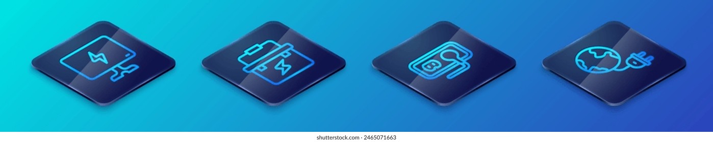 Set Isometric line Electrical outlet, Smart Tv, Global energy planet with plug and Toolbox electrician icon. Vector