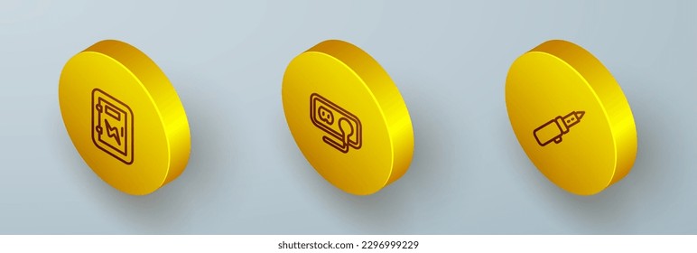 Ajuste la línea isométrica Panel eléctrico, toma de corriente e icono de hierro de soldadura. Vector