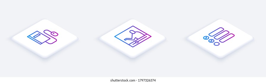 Set Isometric line Electronic book with mouse, Online education and Task list. White square button. Vector