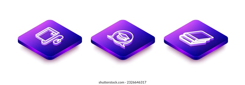 Set Isometric line Electronic book with mouse, Graduation cap in speech bubble and Book icon. Vector