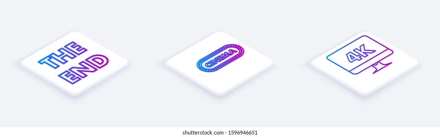 Set Isometric line The End handwritten inscription , Cinema poster design template  and Computer PC monitor with 4k video technology . White square button. Vector