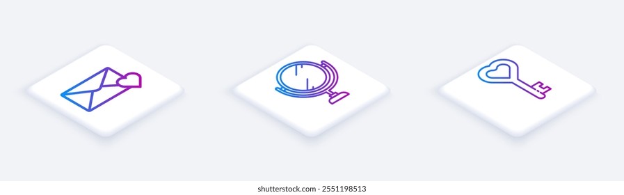 Conjunto de línea isométrica sobre con 8 de marzo, espejo de maquillaje redondo y clave en forma de corazón. Botón cuadrado blanco. Vector