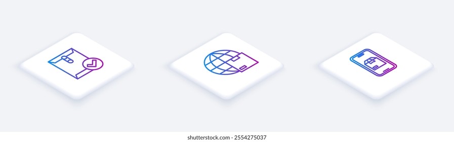 Set Isometric line Envelope and check mark, Worldwide shipping and Mobile app delivery tracking. White square button. Vector