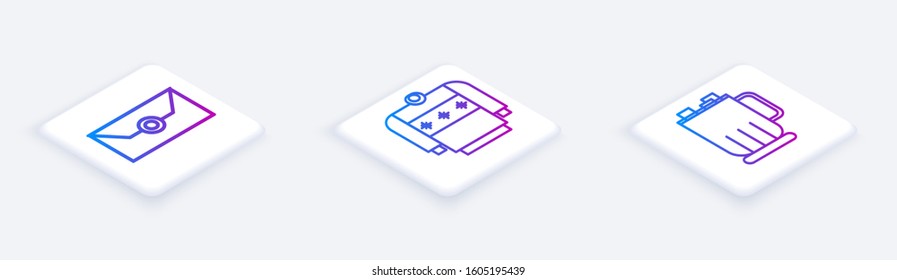 Set Isometric line Envelope with christmas party invitation card, Christmas sweater and Hot chocolate cup with marshmallows. White square button. Vector