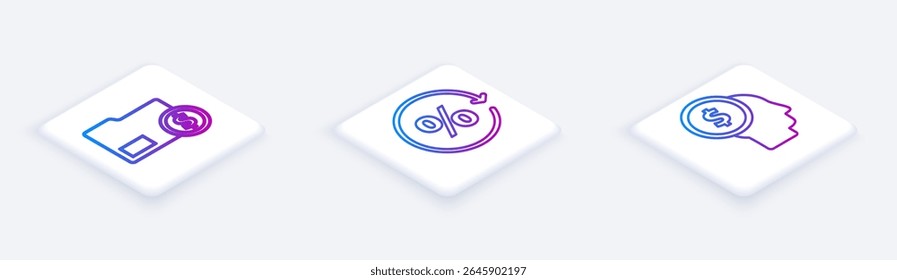 Set Isometric line Envelope with coin dollar, Discount percent tag and Business man planning mind. White square button. Vector