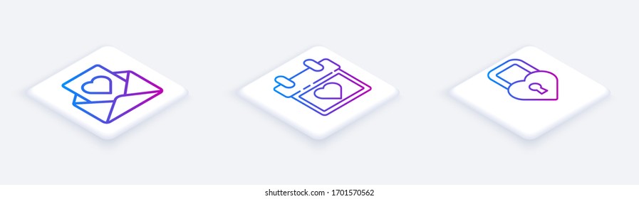 Ponga la línea isométrica sobre con corazón, Calendario con corazón y Castillo en forma de corazón. Botón cuadrado blanco. Vector