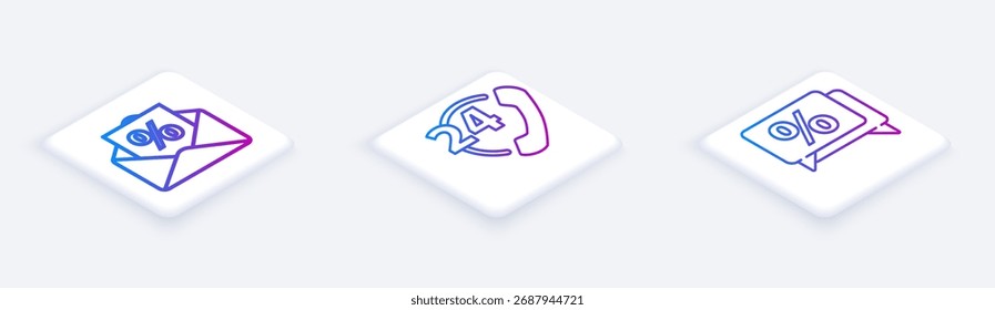 Set Isometric line Envelope with an interest discount, Telephone 24 hours support and Discount percent tag. White square button. Vector