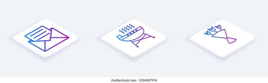 Set Isometric line Envelope with invitation card , Barbecue grill  and Bouquet of flowers . White square button. Vector