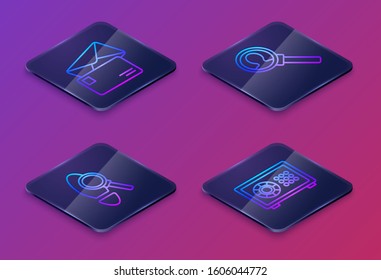 Set Isometric line Envelope, Magnifying glass with footsteps, Magnifying glass for search and Safe. Blue square button. Vector