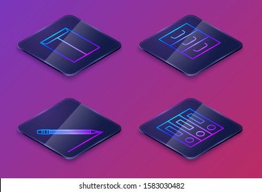 Set Isometric line Envelope, Pencil with eraser and line, Drawer with documents and Office folders with papers and documents. Blue square button. Vector