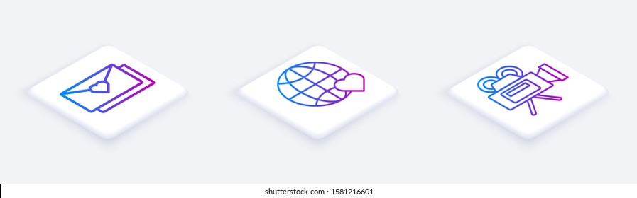 Set Isometric line Envelope with Valentine heart, The heart world love and Cinema camera. White square button. Vector