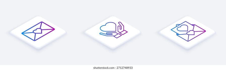 Definir Envelope de linha isométrica com coração de Valentim, Coração na mão e Envelope com coração de Valentim. Botão quadrado branco. Vetor