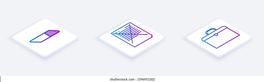 Set Isometric line Eraser or rubber, Exam paper with incorrect answers survey and Briefcase. White square button. Vector