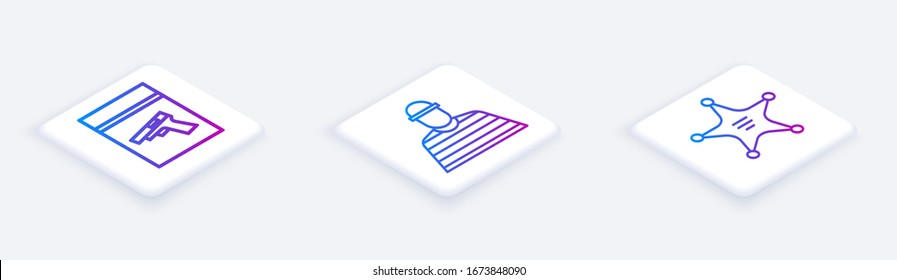 Set Isometric line Evidence bag and pistol or gun, Prisoner and Hexagram sheriff. White square button. Vector
