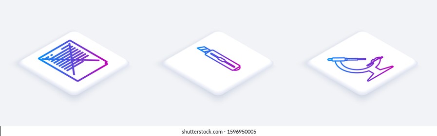Set Isometric line Exam paper with incorrect answers survey, Stationery knife and Microscope. White square button. Vector