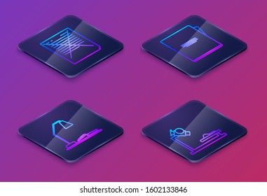 Set Isometric line Exam paper with incorrect answers survey, Workplace with table lamp and open book, Notebook, Microscope. Blue square button. Vector