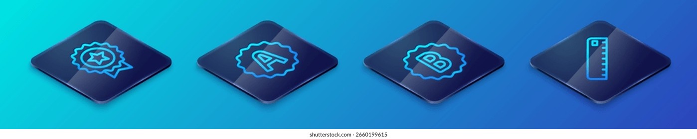 Establecer línea isométrica papel de examen con respuestas incorrectas, estrella de la medalla, Regla y hoja A más icono de grado. Vector