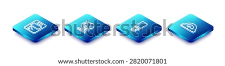 Set Isometric line Exam paper with incorrect answers, Earth globe, USB flash drive and Protractor grid icon. Vector