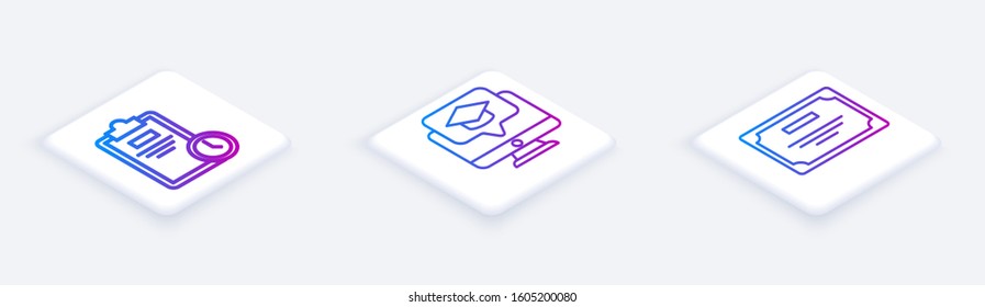 Set Isometric line Exam sheet with clock, Monitor with graduation cap and Certificate template. White square button. Vector