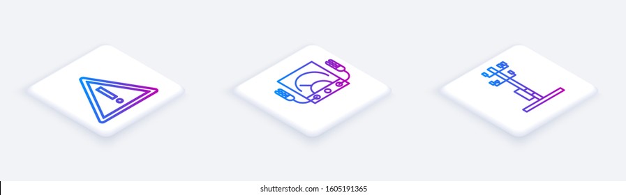 Set Isometric line Exclamation mark in triangle, Ampere meter, multimeter, voltmeter and High voltage power pole line. White square button. Vector
