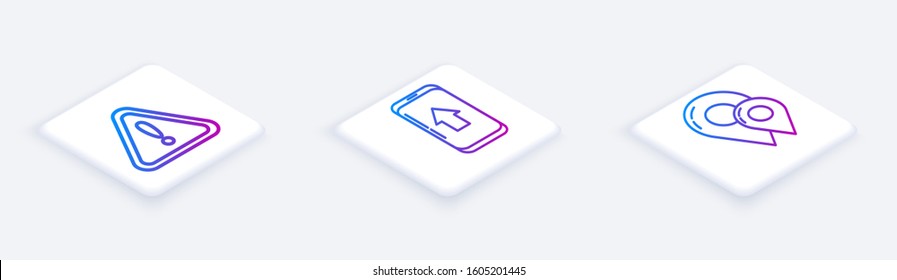 Set Isometric line Exclamation mark in triangle, Infographic of city map navigation and Map pin. White square button. Vector