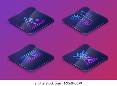 Set Isometric line Exclamation mark in triangle, Electrical outlet, Electric extension cord and High voltage power pole line. Blue square button. Vector