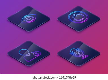 Set Isometric line Eye, Add to friend, Power button and Microphone. Blue square button. Vector